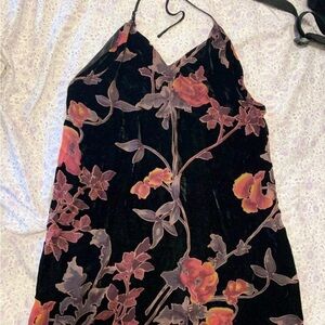Black Velvet Floral Slip Dress with Red-Orange Blooms